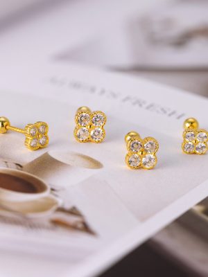 S925 Sterling Silver Inlaid with Diamond Lucky Four-leaf Clover Screw Earrings Women's Simple Sweet Fresh Zircon Earrings