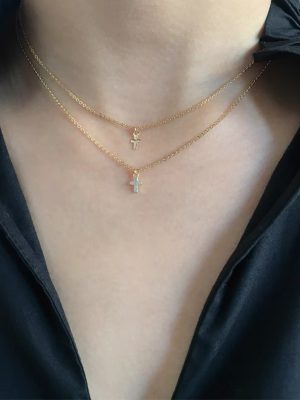 S925 Sterling Silver Plated 14K Gold Mini Cross Necklace Women's Japanese and Korean Style Distinctive Diamond Clavicle Chain Ouni Na