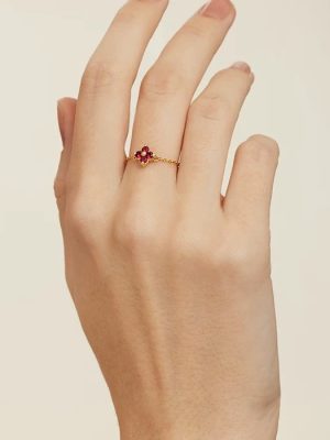 S925 Sterling Silver Plated 14K Gold Chain Ring Four Leaf Clover Ring Garnet Red Design Adjustable Finger Ring Tail Ring Ouni Na