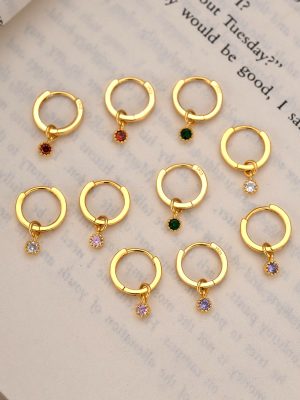 S925 Sterling Silver Inlaid Coloured Diamond 18K Gold Ear Ring Ear Buckle Women's Fashionable Simple All-match Stacked Earrings