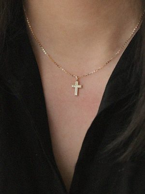 S925 Sterling Silver Plated 14K Gold Simple Fashionable Design Necklace Cross Off Surface Shape Pendant Clavicle Chain Ouni Na