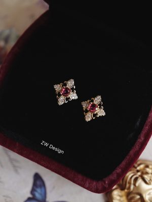 S925 Silver Plated 18K Gold Pure Silver Ear Stud Female Temperament All-match commuter Earrings Micro-inlaid French Ruby Earrings HME