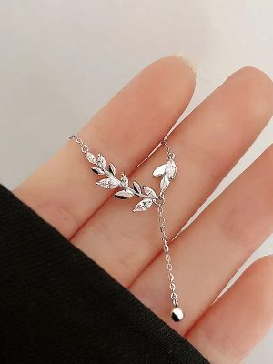 S925 Silver Plated 14K Gold Leaf Wheat Necklace Women's Ins Advanced Light Luxury Clavicle Chain for Girlfriends Gift