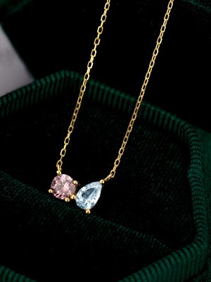 S925 Sterling Silver Contrast Pink Blue Zircon Pendant Necklace Women's Simple Personality Retro All-match Water Drop Round Clavicle Chain