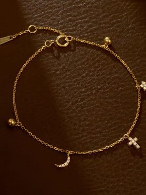 Ins Style Korean Style S925 Sterling Silver Plated 18K Star Moon Bracelet Women's Design Star Moon Cross Bracelet