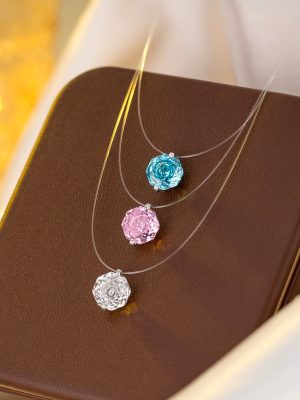 S925 Sterling Silver Imported Invisible Fishing Line Millennium Rose Cut Mermaid Tears Necklace Light Luxury All-match Color Zirconium Clavicle Chain