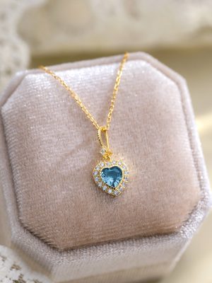 S925 Sterling Silver Light Luxury Love Heart Sea Blue Zircon Necklace Women's Fashionable All-match Clavicle Chain Design High-grade