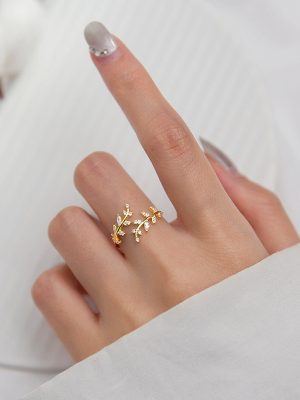 S925 Sterling Silver Plated 18K Gold Fresh Sweet Temperament Diamond Open Branch Bud Leaflet Ring Women's Literary Style Temperament