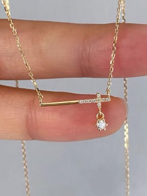 Japanese S925 Sterling Silver Plated 14K Gold Cross Meteor Zircon Necklace Instagram Style High-grade Simple Light Luxury Clavicle Chain Female Ouni Na