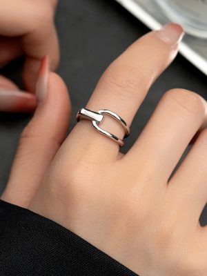 S925 sterling silver geometric line buckle hollow ring ladies fashion smooth asymmetric open ring wholesale