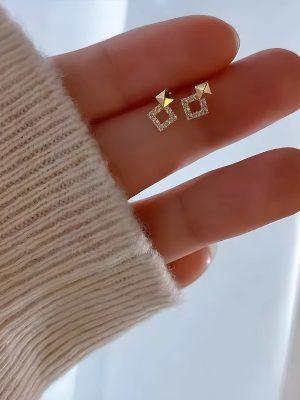 S925 Sterling Silver Plated 14K Gold Geometric Square Diamond Stud Earrings Women's Design Light Luxury Fashion All-match Earrings