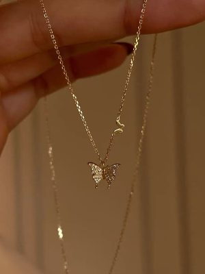 S925 Sterling Silver Plated 14K Gold Butterfly Pendant Necklace Women's Light Luxury Design Diamond-encrusted All-match Clavicle Chain Necklace Chain Ouni Na