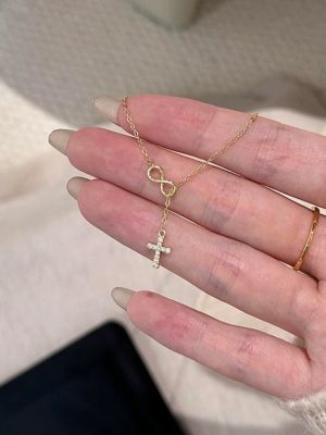 S925 Sterling Silver Eternal Symbol Cross Necklace Design Y-shaped Chain Light Luxury Zircon Clavicle Chain Ouni Na