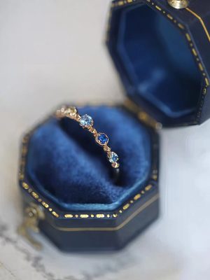 S925 Sterling Silver Plated 18K Gold Summer Glimpse Blue Green Gradient Ring Women's High-grade Light Luxury Vintage Ring