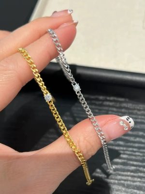 Body 925 Silver Plated 18K Gold Cuban Single Diamond Zircon Bracelet Simple Light Luxury Elegant Retro Coarse Chain Bracelet