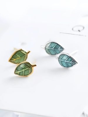 S925 sterling silver plated 14K gold drop glaze blue green leaf earrings design small fresh temperament versatile earrings