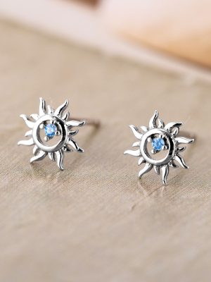 S925 Sterling Silver Earrings Women's Korean Style Fresh Blue Diamond Hollow Sun Earrings Cute Round Ear Jewelry for Hair