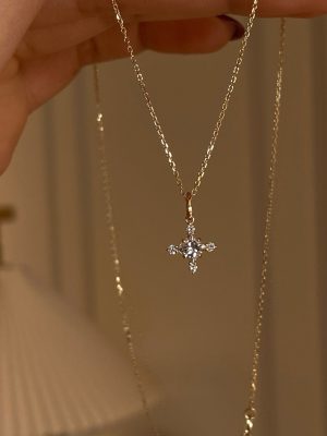 Japanese Extremely Fine Flash Diamond Mini Cross Pendant Necklace Women's 925 Sterling Silver Plated 18K Gold Exquisite Overlapping Clavicle Chain