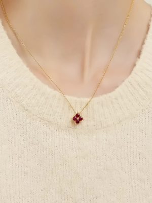 S925 Sterling Silver Plated 14K Gold Four-leaf Clover Garnet Red Necklace Women's Classic Design Fashion All-match Clavicle Chain