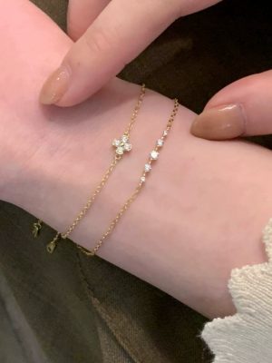 S925 Sterling Silver Plated 14K Gold Four-leaf Clover Diamond Bracelet Women's Light Luxury Fashion Minimalist Japanese Style Bracelet Ouni Na