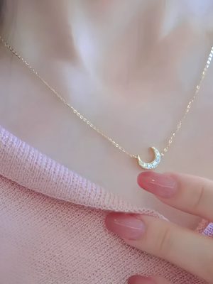 S925 Sterling Silver Plated 14K Gold Full Diamond Moon Necklace Women's Crescent Moon Design Light Luxury Superior Clavicle Chain