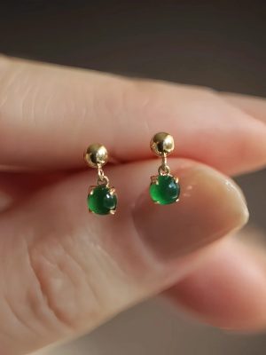 S925 Silver Plated 14K Gold Emerald Ear Hanging Beads Earrings Women's Mini Vintage Earrings High-grade Gift Earrings