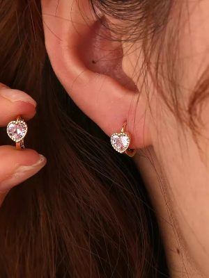 Girl ~ S925 Silver Plated 18K Gold Gentle Sweet Pink Diamond Love Ear Buckle Exquisite Cake Edge Ear Bone Ring Earrings