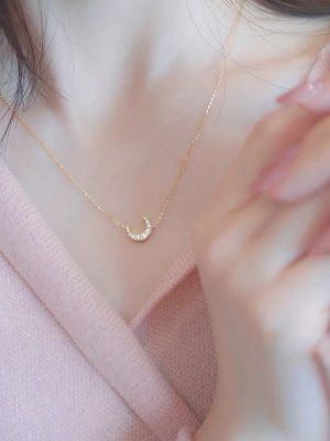 S925 Sterling Silver Plated 14K Gold Moon Half Moon Necklace Women's Design Japanese Style Light Luxury High Clavicle Chain Ouni Na