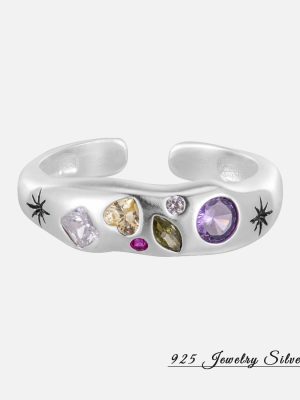 S925 Sterling Silver Star Printed Color Zirconium Ring Women's Sweet Cool Distinctive Irregular Finger Ring Adjustable Hip-Hop Ring