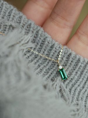 S925 Sterling Silver Plated 14K Gold Necklace Women's Long Square Four Claw Inlaid Emerald Zircon Pendant Clavicle Chain Vintage