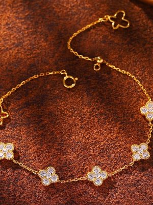 925 Sterling Silver Plated 18K Gold Zircon Butterfly and Four-leaf Clover Bracelet Telescopic Chain Flower Light Luxury High-end Women