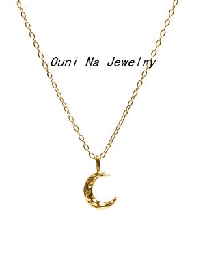 Water Moon S925 Sterling Silver Plated 14K Gold Pendant Necklace Ripple Moon Necklace Light Luxury Simple Clavicle Chain Ouni Na