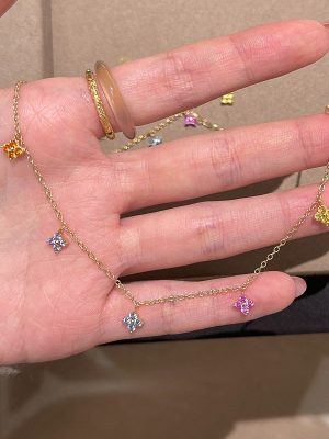 S925 Sterling Silver Plated 14K Gold Lucky Four Leaf Flower Colorful Zircon Mini Necklace French Elegant Light Luxury Gift Women HME