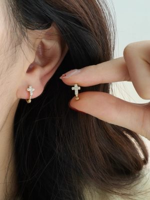S925 Sterling Silver Gold-plated Cross Ear Buckle Women's Diamond-inlaid Exquisite Small Ear Ring Commuter Women's Earrings Ouni Na