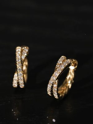 Solo ~ Cross Double Rows Diamond Edition S925 Silver Plated 18K Gold Solid Small Ear Buckle Exquisite Commuter Twist Earrings HME