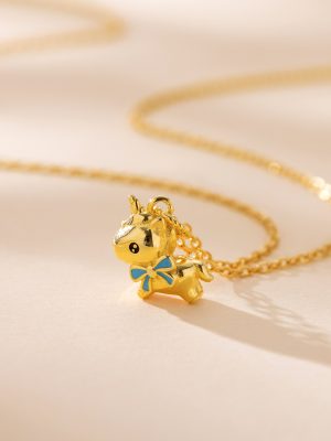 S925 Sterling Silver Plated Ancient Gold Fantasy Unicorn Pendant Necklace Women's Dopamine Elegant Light Luxury All-match Clavicle Chain