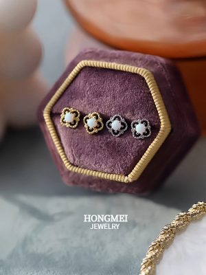 S925 Sterling Silver Plated 14K Gold Hollow Opal Stone Earrings Women's Red Book Design Retro Light Luxury Earrings
