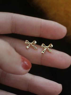 S925 Sterling Silver Plated 14K Gold Small Bow Earrings Women's Design High-grade Light Luxury Small and Exquisite Earrings Ouni Na