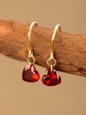 S925 Sterling Silver Plated 18K Gold Garnet Red Love Pendant Ear Hook Super Flash Exquisite Girly Elegant Simple Earrings