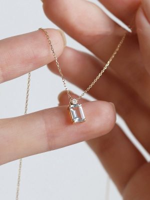 S925 Sterling Silver Plated 14K Gold Aquamarine Necklace Women's Simple Versatile Geometric Unique Design Clavicle Chain Ouni Na