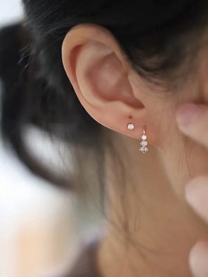 S925 Sterling Silver Gold Plated Earrings Women's Gradient Three Zircon Exquisite Earrings Micro-set Earrings All-match Elegant Earrings