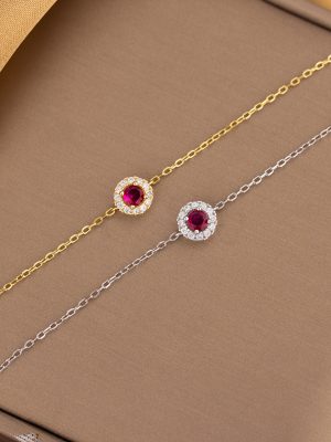 S925 Sterling Silver Rose Ruby Round Bracelet Women's Light Luxury Simple Zirconium High Elegant All-match Bracelet