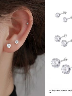 Flash S925 sterling silver classic four-claw zircon earrings simple ear hole screw buckle earrings sleep without picking