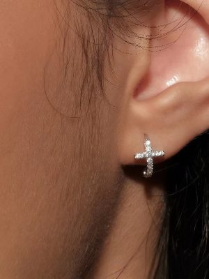 S925 Sterling Silver Plated 18K Gold Super Flash Diamond Cross Earrings Women's Light Luxury High-end Fashion All-match Ear Bars