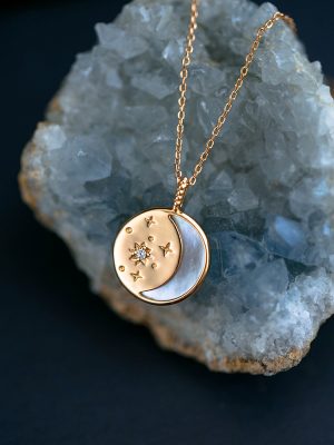 "Star and Moon Fairy Tales" S925 Silver Gold-plated Zircon Fritillaria Star and Moon Sterling Silver Necklace Pendant Clavicle Chain Female ins Wind HME