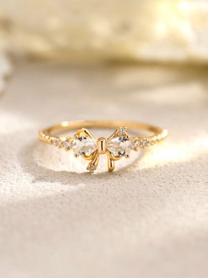 S925 Sterling Silver Light Luxury Bow Ring Women's Sweet Girl's Heart White Crystal Finger Ring Design Ring
