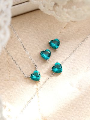 S925 Sterling Silver Paraiba Love Jewelry Set Women's Heart-shaped Necklace Earrings Bracelet Sweet Korean Style Trendy Jewelry