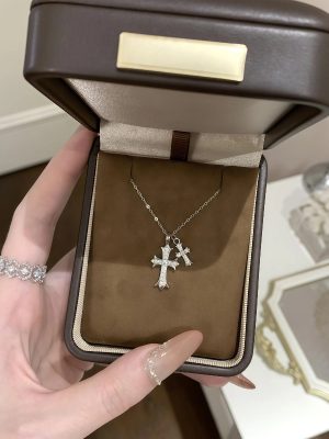 S925 Sterling Silver Diamond-encrusted Gemini Cross Pendant Necklace Sweet Cool Personality High-grade Light Luxury Clavicle Chain for Women
