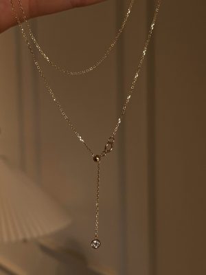 S925 Sterling Silver Plated 18k Gold Single Diamond Bubble Plain Chain Women's Adjustable Y-Shaped Necklace Light Luxury Clavicle Chain HME