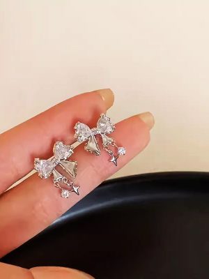 S925 Sterling Silver Plated Platinum Light Luxury High-grade Diamond Bow Earrings Women's Fashionable All-match Star Tassel Earrings